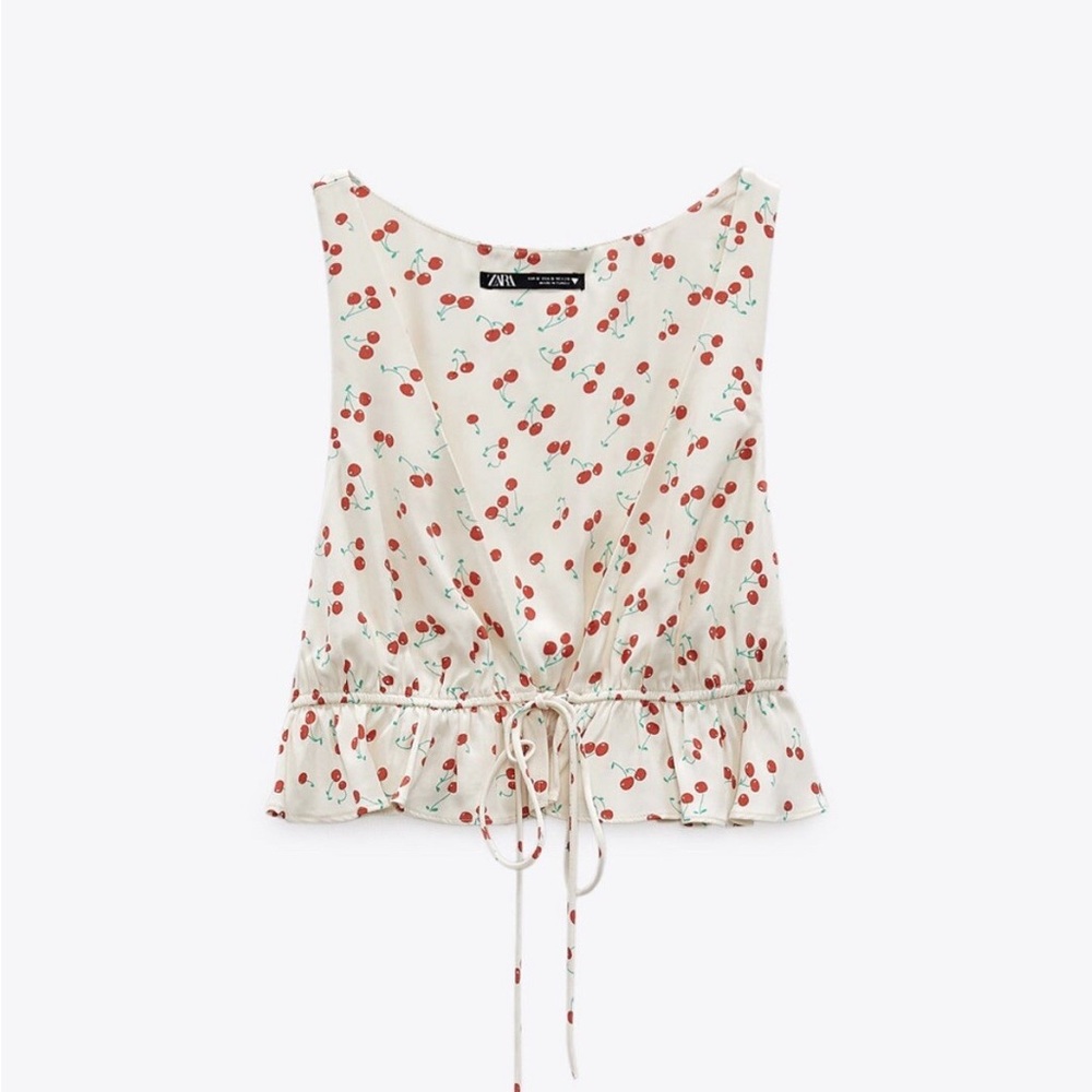 Zara Cream satin Cherry Print Women's Top